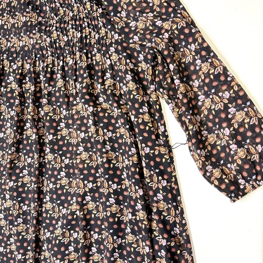 Ann Taylor Black Floral Long Sleeve Dress Boho Cottagecore Size Large Petite - Picture 4 of 10